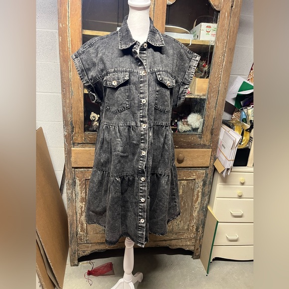 Savanna Jane Black Washed Denim Button Front Tiered Shirt Dress Size M - Picture 2 of 8
